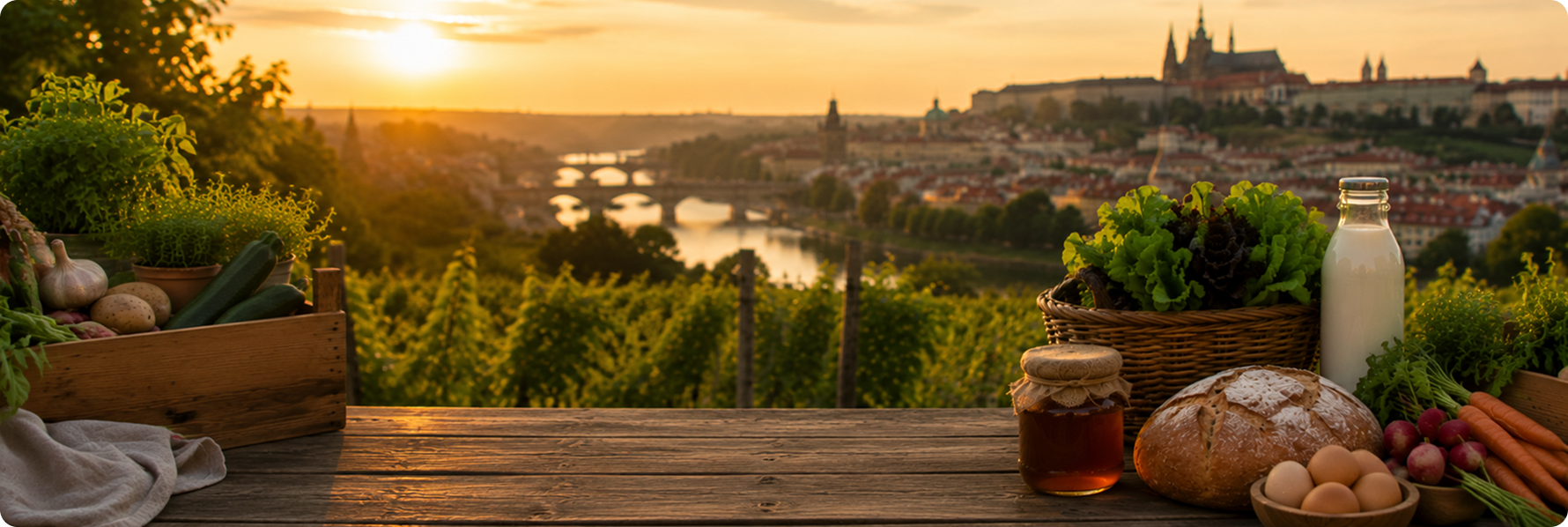 Panoramatický pohled na Prahu s lokálními potravinami